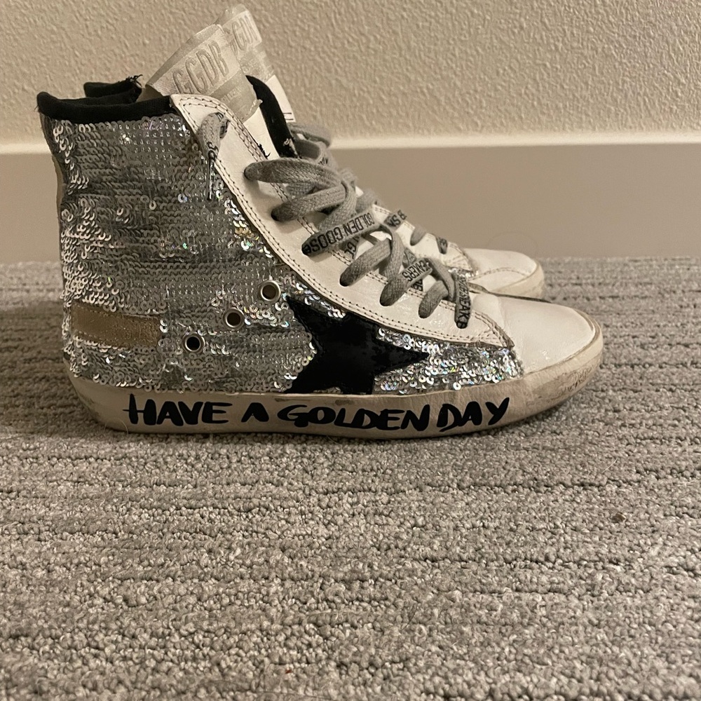 Golden Goose Silver Sequin High-Top Sneakers with Black Star - Picture 2 of 7